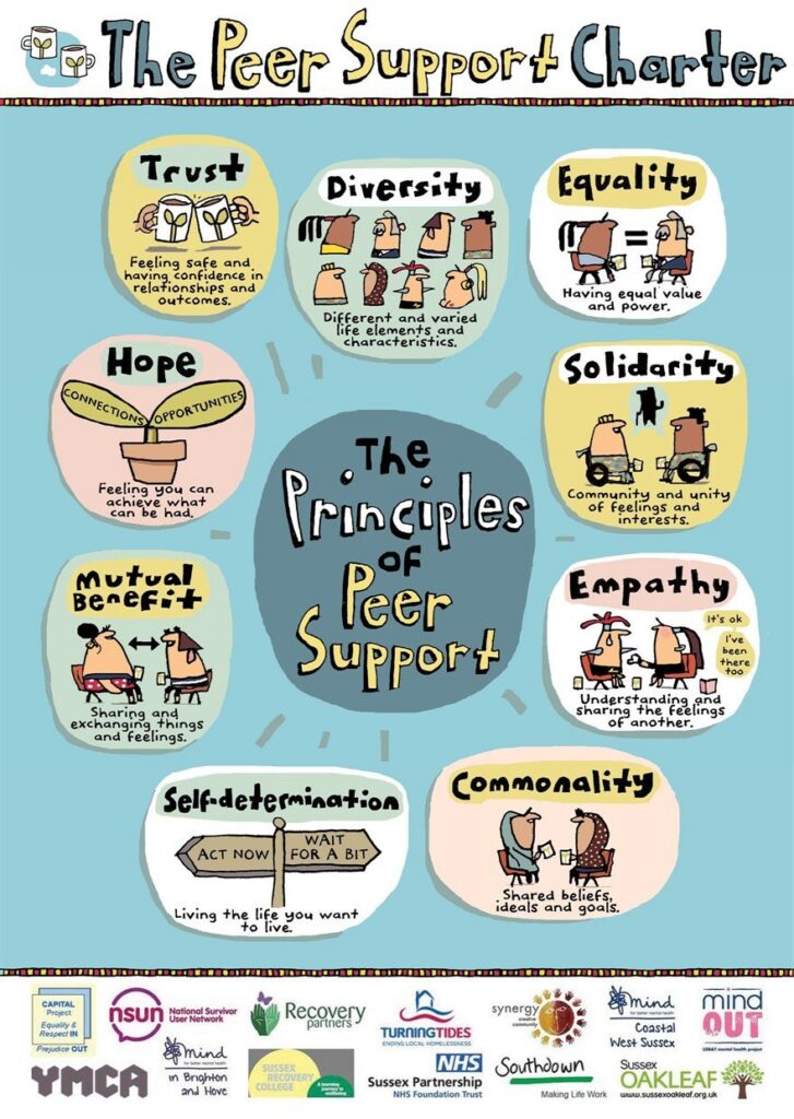     Solidarity 
    Reducing stigma 
    Person-centred goals 
    Equality and empowerment 
    Independence and self empowerment
    Strength and potential 
    Moving on 
    Companionship 
    Choice 
    Building confidence